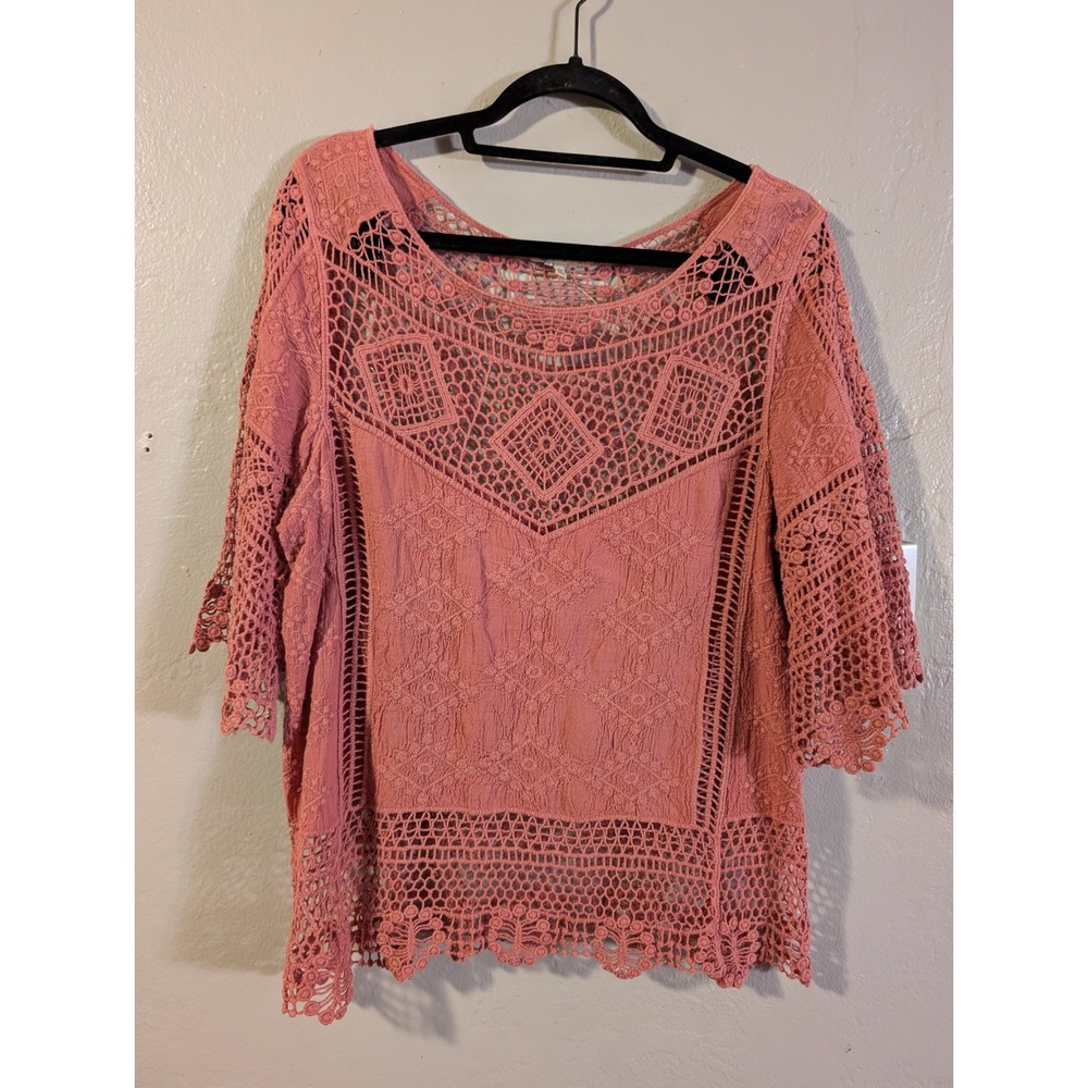 Democracy Dusty Pink Boho Crochet Lace Blouse womens sz M